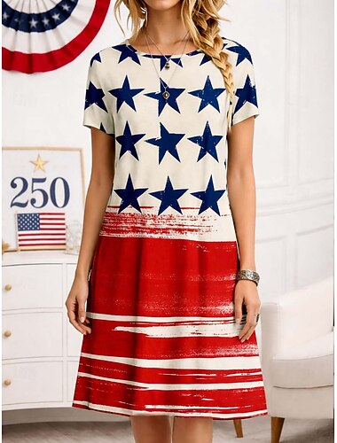  Día de la Independencia Aniversario Americano Vestido Midi Patriótico para Mujeres Vestido de Cambio Camiseta Vestido de Playa Casual Formal Exterior Fiesta Ajuste Estándar Floral Abstracto Estrellas