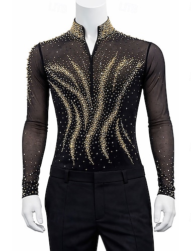  Kunstschaatstopje Voor heren Schaatsen Tops Zwart Lapwerk Hoge Elasticiteit Opleiding Wedstrijd Kunstschaatskleding Klassiek Kristal / Bergkristal Lange mouw Schaatsen Kunstschaatsen