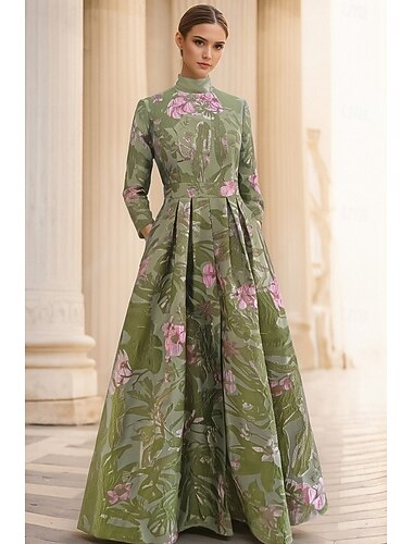  Corte A Hasta el Suelo Vestidos de noche Elegante Vintage Manga Larga Cuello Alto Boda Formal Nailon con Abertura Bolsillo