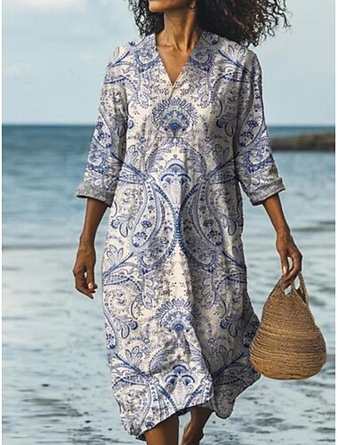  Per donna Abito Midi Vestito Casual Elegante Moda Moderno All'aperto Spiaggia Vacanza Vestibilità regolare Grafico Mezza Manica Scollo a V Blu Estate Primavera