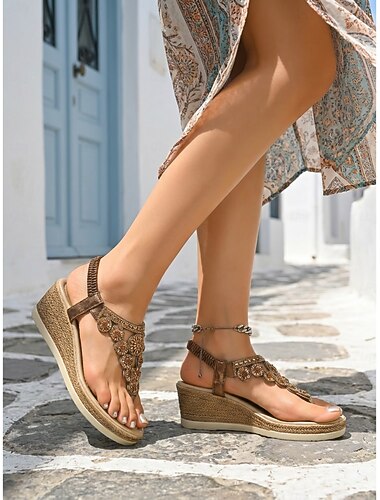  Dames sandalen met boho-design en sleehak - comfortabele teensandalen met bloemmotief en strass-steentjes, perfect voor buitenactiviteiten, tropische vakanties en resorts. &zomerse tuinfeesten