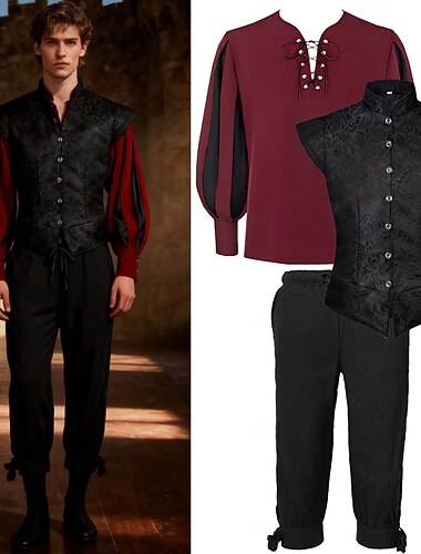  العصور الوسطى عصر النهضة يتوهم زي الفارس فارس سلتيك الزي الملكي ملابس تنكرية رجالي خيال عيد الرعب مهرجان أداء LARP رن فير للبالغين سترة قميص بنطلونات