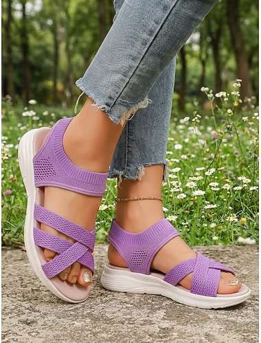  női lila kötött kényelmes szandál - könnyű, lélegző, keresztpántos sport-hétköznapi sétacipő nőknek, rugalmas illeszkedésű, támasztó talp utazáshoz, strandhoz, nyaraláshoz, szabadtéri tevékenységekhez