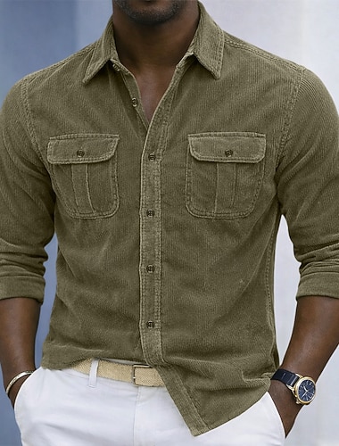  男性用 シャツ スタイル カジュアルシャツ ワークシャツ コーデュロイシャツ ワイン ネイビーブルー ブルー ブラウン アーミーグリーン 長袖 平織り シャツカラー カジュアル 日常 フロントポケット 衣類 エレガント ファッション ストリートファッション カジュアル