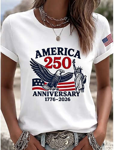  día de la independencia americana Mujer Camiseta Estampado Graphic Día de la Independencia Vintage Elegante Clásico Manga Corta Cuello Barco Tops regulares Diario Azul Piscina Negro Blanco Rosa Rojo