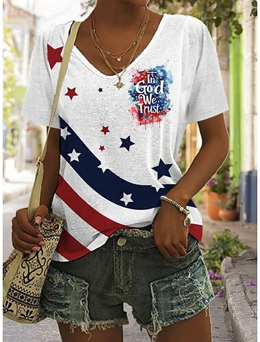  Maglietta patriottica da donna per il Giorno dell'Indipendenza stampa grafica bandiera vintage elegante classica maniche corte colletto a V regolare stampa quotidiana blu beige chiaro nero bianco
