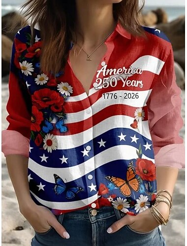  Día de la Independencia Camiseta de Mujer Americana Botones Impresión Gráfica Bandera Americana Aniversario de América Vintage Estilosa Moderna de Manga Larga Cuello Tops Regulares Diarios Rojo Coral