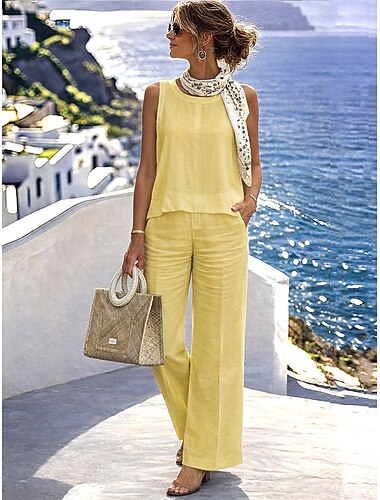  Mujer Conjuntos de pantalones parte superior del bolero Lino de algodón sintético Sin Mangas Cuello Barco Color sólido Plano Moda Ropa de calle Casual Diario Exterior Amarillo Verano Holgado
