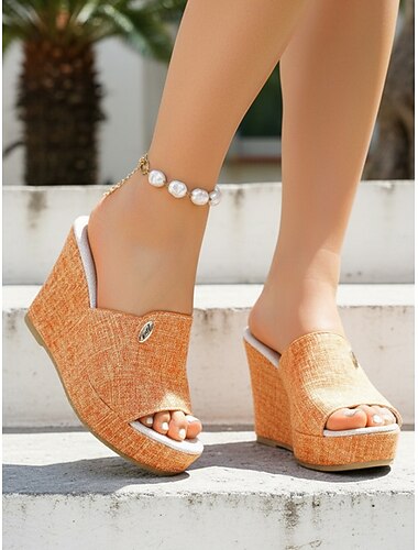  Dames wedge slippers in lichtblauwe denimlook – chique platform muiltjes voor buitenactiviteiten, zomervakanties en ontspanning in hotels.