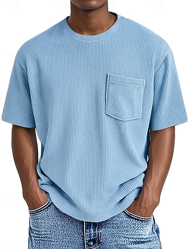  Férfi Póló Kordbársony Ing Tee Top Rövid ujjú Terített nyak Nyár Tavasz Minden évszak Tömör szín Texturált Pit Strip Divat Dizájn Alap Zseb Hétköznapi Vakáció Utca Világoskék Fehér Világoszöld Férfi