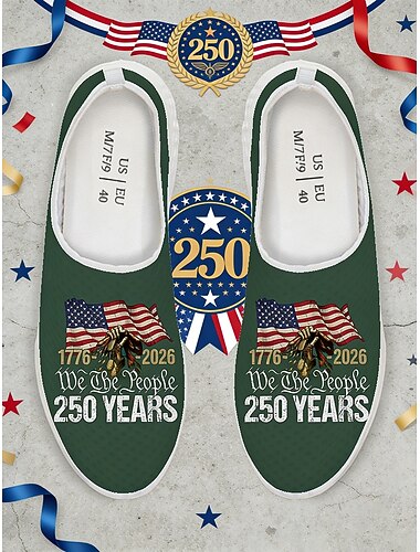  أحذية رياضية رجالية سهلة الارتداء بمناسبة الذكرى السنوية الـ 250 للولايات المتحدة الأمريكية - أحذية مريحة بلون أخضر عسكري وطني مزينة بطبعة العلم، مناسبة للمسيرات واحتفالات الرابع من يوليو والاحتفالات