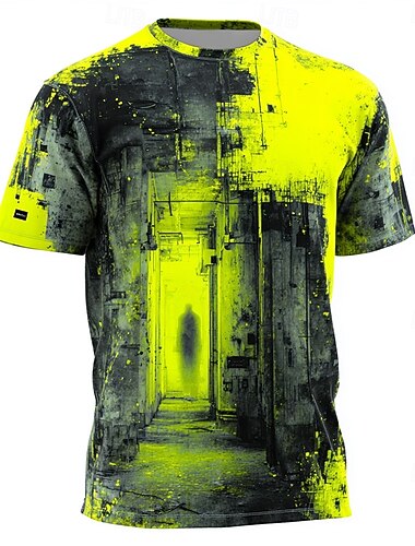  menns neon gul industriell gang silhuett skyggefigur distressed grunge cyberpunk streetwear edgy techwear t-skjorte vanlig avslappet rave klær s m l xl xxl xxxl