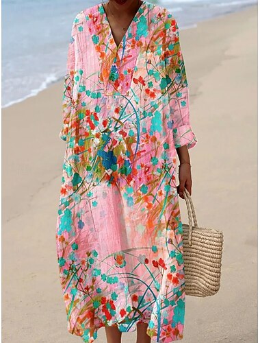  Damen Maxikleid Shiftkleid Urlaub Lässig Ausgehen Lässiger Schnitt Blumen Grafik Langarm V Ausschnitt Rosa Beige Hell Orange Sommer Frühling
