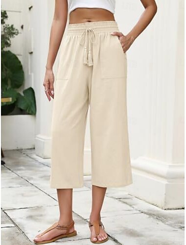  Mulheres Calças Capri Linho de algodão sintético Perna larga chinês Férias Moda Roupa de rua Comprimento da panturrilha Cintura Alta Tecido Cintura elástica Confortável Conforto Macio Com Stretch Ao