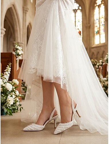  Ivoren slingback pumps voor dames met parelversiering – elegante bruidsschoenen met hoge hakken voor kerkelijke bruiloften