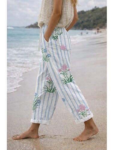  Per donna Finto cotone e lino Pantaloni Eleganti Pantaloni Estivi Streetwear Casual Lunghezza intera Naturale Floreale Semplice A righe Tasca Stampa Design con Coulisse Elastica Comodo All'aperto