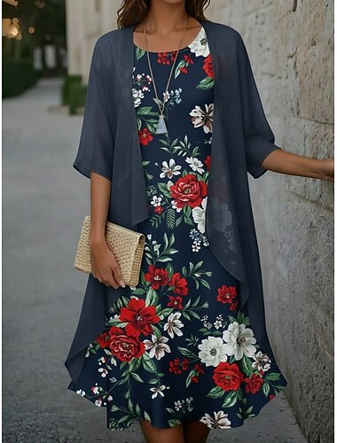  Damen Midikleid Freizeitkleid Kleid-Set Elegant Mode Modern Outdoor Urlaub Ausgehen Normale Passform Blumen Dreiviertelarm Rundhalsausschnitt Marineblau Sommer Frühling Herbst