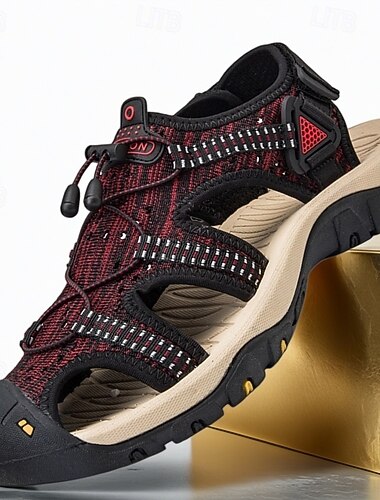 Sandales de randonnée d'extérieur rouges et noires pour hommes – chaussures de sport fermées avec brides réglables pour la randonnée et les aventures estivales