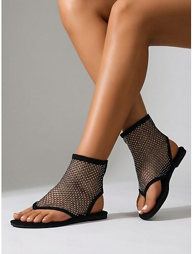  Zwarte platte sandalen met mesh en strasssteentjes voor dames - glinsterende teenslippers met visnetpatroon voor Coachella en andere muziekfestivals. &zomervakanties aan het strand