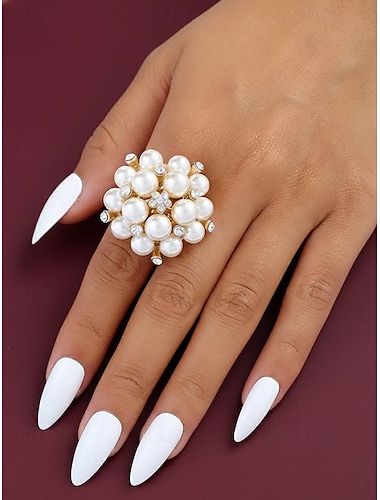  Opvallende damesring met imitatieparels, elegante verstelbare cocktailring in goud en zilver, vintage bruidssieraad voor bruiloften, feesten, avondevenementen en formele gelegenheden.