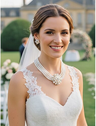  Smykkesett med imiterte perler til dame - elegant gull- og sølvkjede og øredobber til bryllup, brudefester og formelle gallafester - klassisk perleanheng til brudepiker og skoleball