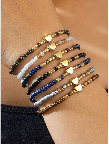  Conjunto de pulseiras femininas boêmias com miçangas, pulseiras elásticas coloridas de resina com pingente de coração, joias multicoloridas para usar em conjunto, perfeitas para o dia a dia, férias, praia e festas.