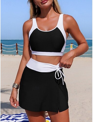  女性用 スイムウェア ビキニ 2ピース スカート 水着 おなかコントロール ハイウエスト スリム バックレス 旅行度假风 ビーチウェア 純色 スクープネック ノースリーブ 水着