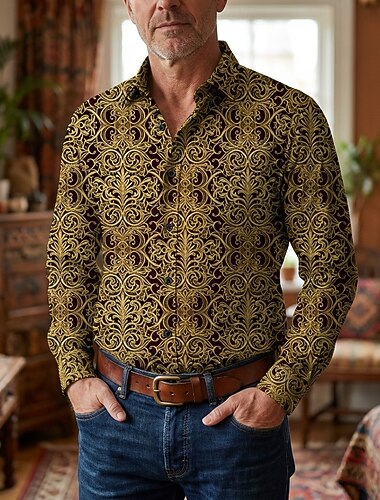  Retro Antiguo Años 70 Camisas Camisa hawaiana Larga Hippie Geométrico Disfraz Hombre Mascarada Festival de Música Fiesta Ropa Cotidiana Adulto Camisas