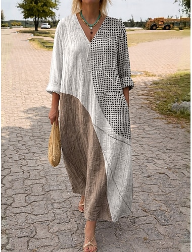  Abito midi da donna con scollo a V maniche lunghe kaftano leggero vestibilità ampia abito a trapezio casual boho uscita vestibilità ampia grafica geometrica a righe maniche lunghe scollo a V grigio
