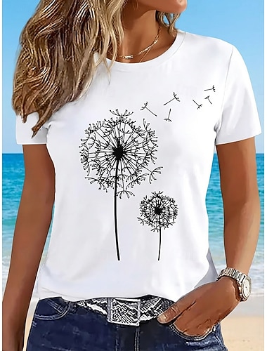  Lässiges T-Shirt für Damen mit Löwenzahn-Print, Rundhalsausschnitt, weiß, kurzärmlig, für den Sommer, bequeme Passform, unverzichtbar für den Alltag