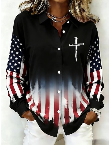  Amerykański Dzień Niepodległości Koszula Damska Guziki Print Graficzna Flaga Amerykańska Rocznica Vintage Stylowa Nowoczesna Długi Rękaw Kołnierz Zwykłe Bluzki Codzienne Koralo Czerwony Czarny Biały
