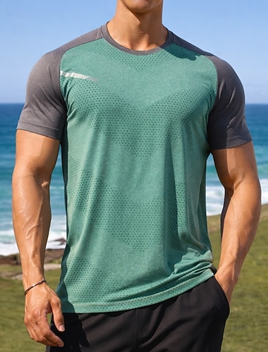  Per uomo Blocco di colori T-shirt da corsa Maglia a compressione Maglia atletica Sport in alto Estate Patchwork Manica Corta Asciugatura Rapida Leggero Traspirante Allenamento in Palestra Camminata