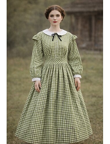  Retro Vintage Vitoriano século 19 Meio-dia Vestidos Fantasia fantasia Garota Pioneira Riscado Xadrez Linha A Fantasia Mulheres Dia Das Bruxas Carnaval Dia Mundial do Livro Mascarilha Casual / Diário