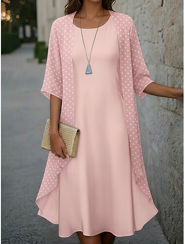  Per donna Abito Midi Vestito Casual Set di vestiti Elegante Moda Moderno All'aperto Vacanza Uscire Vestibilità regolare A Pois Manica 3/4 Girocollo Rosa Viola Marrone Verde Estate Primavera Autunno