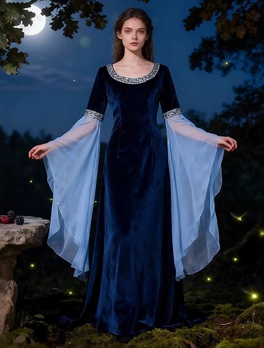  Médiéval Renaissance Robe Costume élégant Manches longues Elfe Chevalier Celtique Tenue royale Déguisement Femmes Fantaisie Halloween Carnaval Performance LARP Foire de la Renaissance Adulte Robe
