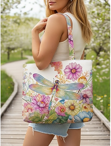  Polyester-Tragetasche für Damen, großes Fassungsvermögen mit Reißverschluss, Libellenmuster, verschiedene Designs, perfekt für Urlaub und den Alltag.
