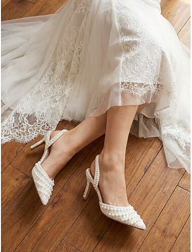  Escarpins de mariage à bride arrière ornés de perles ivoire pour femmes – chaussures de mariée élégantes à talons hauts pour les mariages à l'église