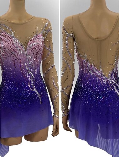  Kunstschaatsjurk Dames Schaatsen Jurken Fuchsia Lapwerk Open achterkant Rekbaar Opleiding Wedstrijd Kunstschaatskleding Klassiek Kristal / Bergkristal Lange mouw Schaatsen Kunstschaatsen