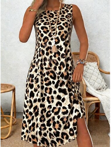  Per donna Abito Midi Vestito Casual Vestito Estivo Abito a Tubino Moda Essenziale Classico Quotidiano All'aperto Vacanza Vestibilità regolare Leopardo Senza Maniche Girocollo Marrone Estate Primavera