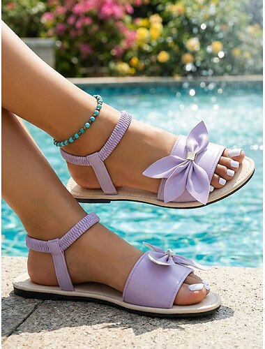  Paarse platte sandalen met strik voor dames - schattige, casual zomerschoenen met open neus, lichtgewicht sandalen voor vakantie, strand, zwembad, reizen en dagelijks gebruik.