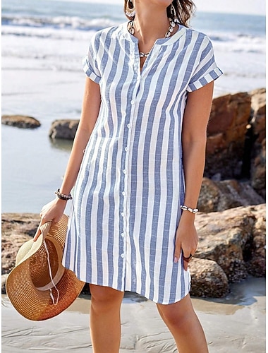  Dame Minikjole Imitert bomullslin Skiftkjole Uformell kjole Korsettkjole Mote Moderne Daglig Feriereise Ut på byen Normal Stripet Kortermet V-hals Blå Rød Grå Lyseblå Sommer Vår