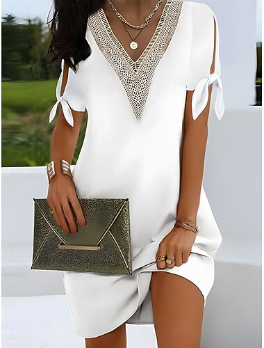  Damen Mini Kleid Sommerkleid Einfarbig Lässig Alltag Normale Passform Schlicht Halber Ärmel V-Ausschnitt Schwarz Weiß Pink Himmelblau Sommer