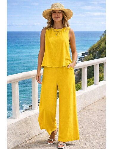  Per donna Set di biancheria in cotone Set da due pezzi Blusa Pantaloni Senza Maniche Girocollo Tinta unica Elegante Moda Streetwear Casuale Quotidiano All'aperto Nero Giallo Blu marino scuro Estate