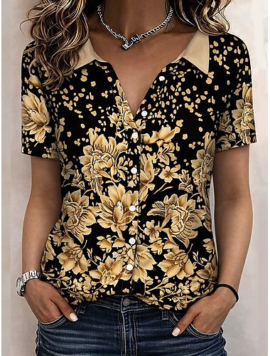  Koszula Damska Krótki Rękaw Kwiatowa Graficzna Bohemia Vintage Tropikalna Koszula Bez Rękawów Z Kołnierzykiem Regularna Góra Codzienna Niebieska Brązowa Zielona Jasnoniebieska Lato Wiosna Lata 50.