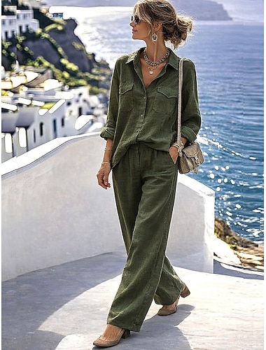  Mujer Conjuntos de pantalones Bolero Lino de algodón sintético Manga Larga Cuello Camisero Color sólido Moda Ropa de calle Casual Diario Exterior Verde Ejército Verano Holgado