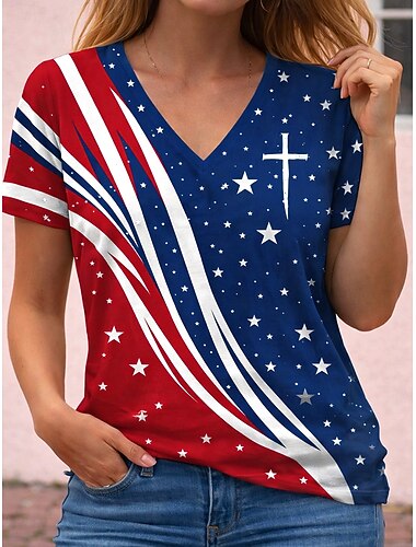  día de la independencia americana Mujer Camiseta Estampado Graphic Bandera Vintage Elegante Clásico Manga Corta Escote en Pico Tops regulares Diario Azul Piscina Blanco Rojo Verano Primavera