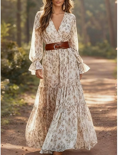  Damen Maxikleid Boho-Kleid Freizeitkleid A Linie Kleid Blumenkleid Elegant Mode Modern Outdoor Urlaub Ausgehen Normale Passform Blumen Langarm V Ausschnitt Beige Sommer Frühling