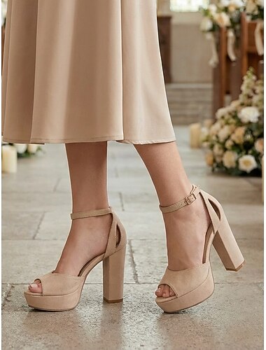  Sandálias femininas nude de plataforma com salto alto, sapatos elegantes com salto bloco grosso para convidadas de casamento em casamentos na cidade.