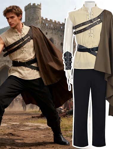 Medieval Renascentista Fantasia fantasia Guerreiro Cavalheiro Viking Fantasia Homens Viking Fantasia Dia Das Bruxas Carnaval Espetáculo LARP Ren Faire Adulto Camisa Calças Cinto