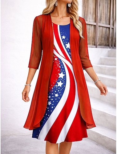  Unabhängigkeitstag Patriotisches Damen Kleid Set A-Linienkleid Elegantes Urlaub Grafik Flagge Schichtdruck Midi Kleid Halbarm Rundhals täglich Blau Rot Grün Sommer Frühling Reguläre Passform
